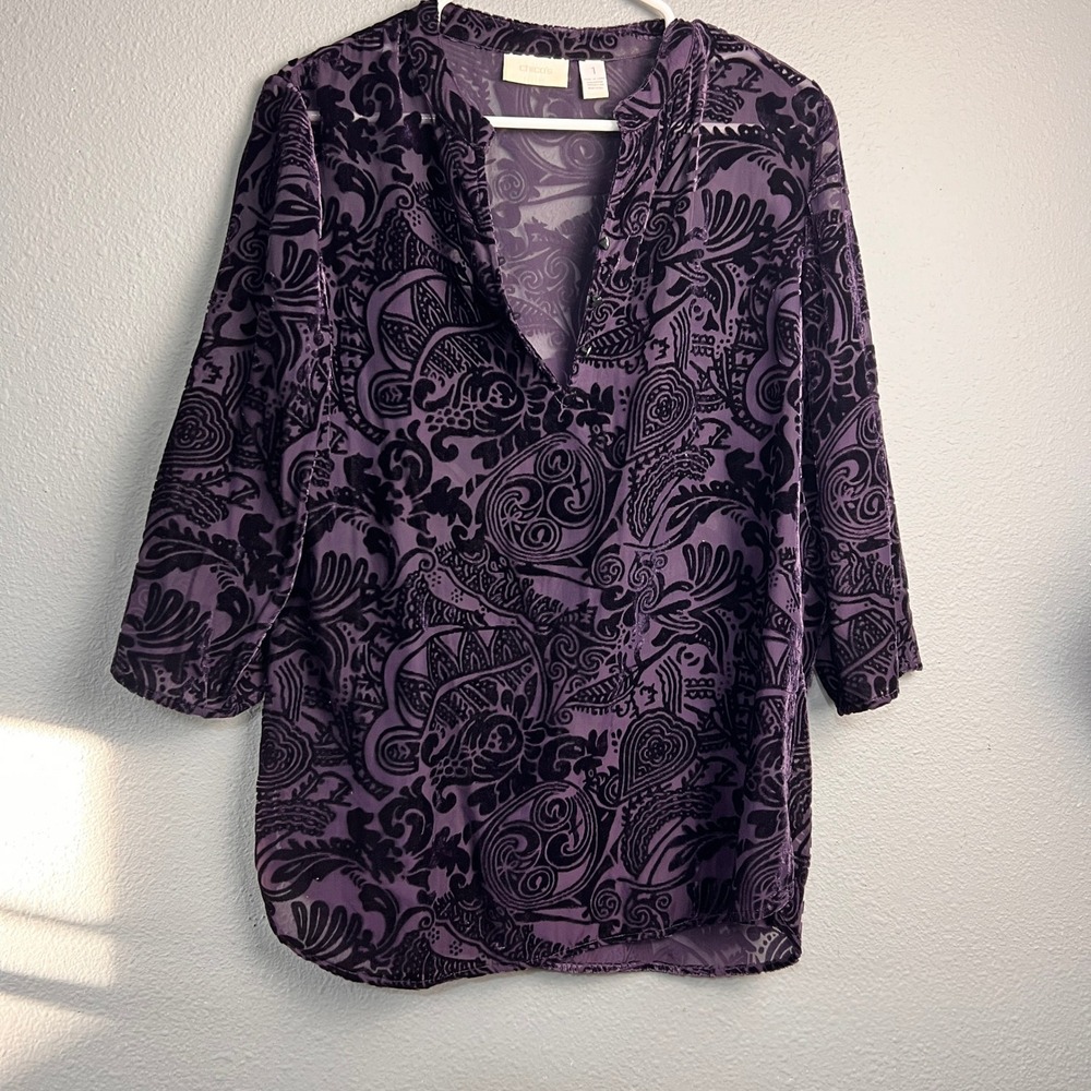 Chicos Purple Burnout Velvet Paisley Whimsigoth Tunic Split V-Neck 3/4 SL Size 1